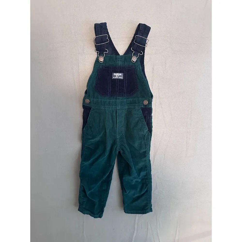 OshKosh B'gosh 2T Green Corduroy Overalls Navy Bib Toddler